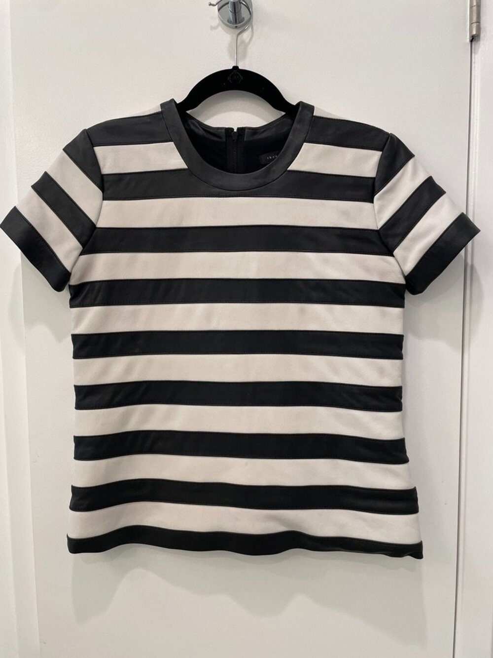 Theory Striped Lambskin Leather Short Sleeve Lined Top